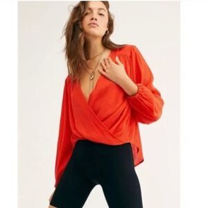 Free People Blouse Check On It Twist Front Flame Orange Medium NWT